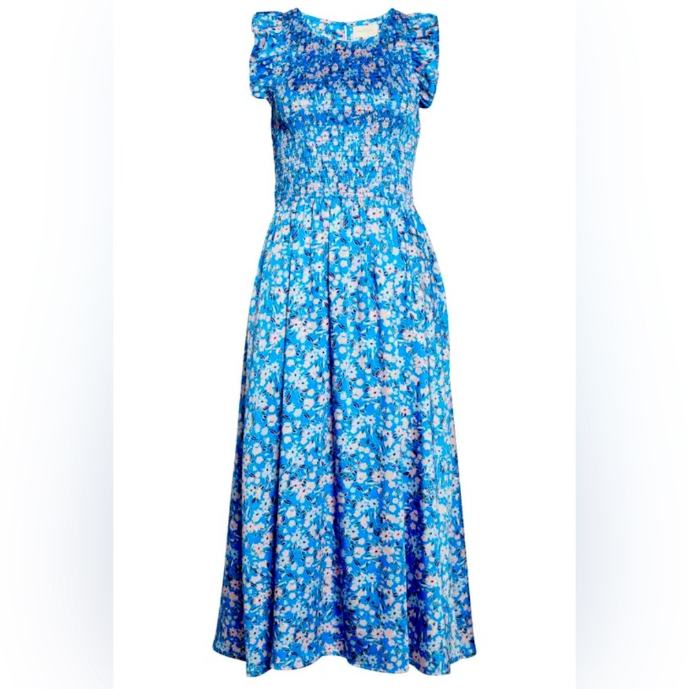 Sleeveless smocked bodice midi dress with pockets